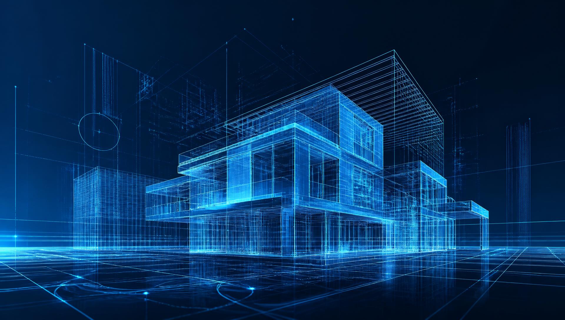 Visualización digital de un edificio en wireframe azul sobre fondo oscuro